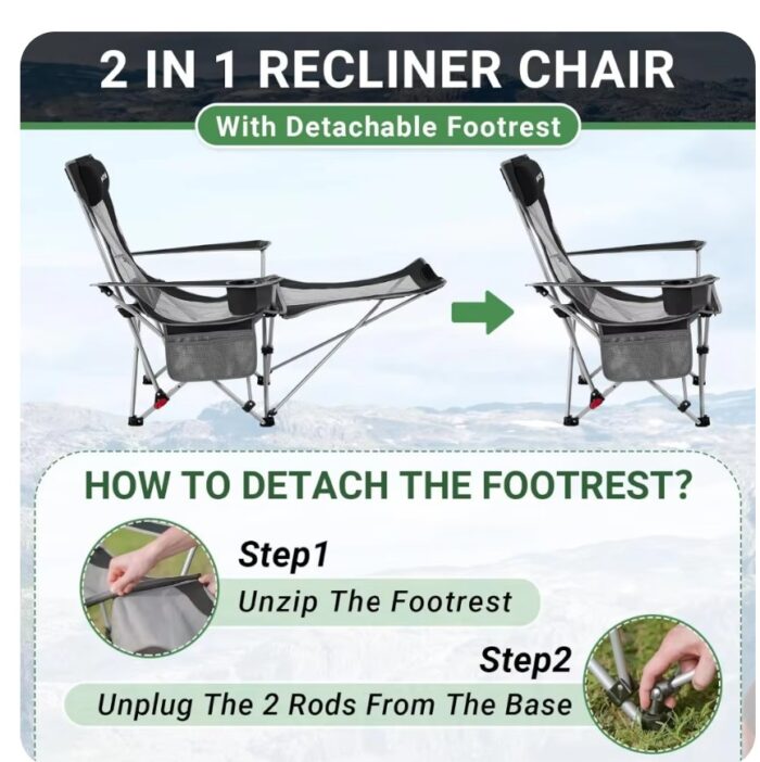 2-in-1 Reclining Camping Chair with Removable Umbrella Lightweight Folding Camping Chair,Beach Chairs - Image 3