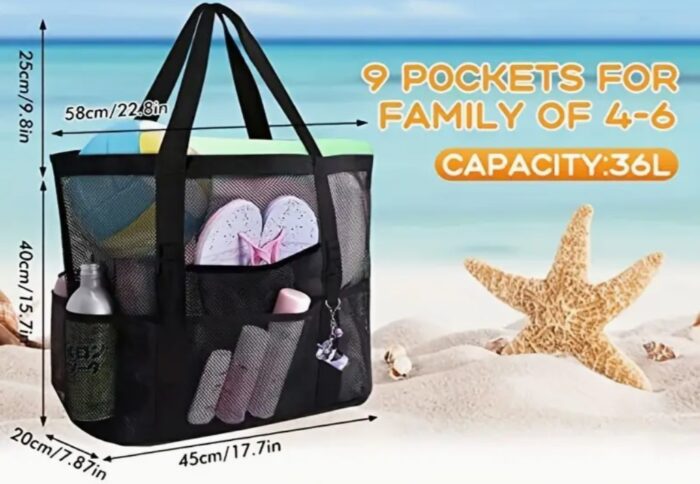 1pcs Large Mesh Beach Bag - Sandproof Swim Tote Bag Oversized for Family Foldable Pool Boat Bag with Zipper and Extra Pockets For Toys & Vacation Beach Cruise Essentials - Image 2