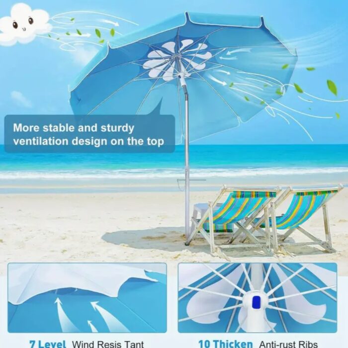 Portable Beach Umbrella Suitable for Sand: 6.6 Feet Outdoor Umbrella, with Anchor Heavy Duty and Adjustable Tilt Rod-UV 50 Windproof Beach Umbrella, with Portable Bag - Image 1