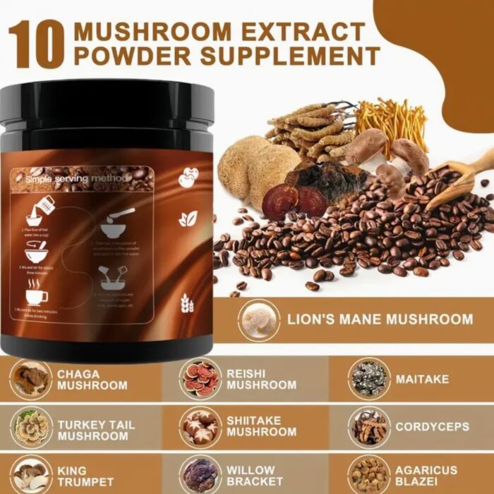 250g Rich Mushroom Coffee Powder Blend - Boosts Energy, Immune System, and Brain Function - Delicious, Versatile, and Healthy Addition to Coffee, Tea, Smoothies, and Recipes - Image 2