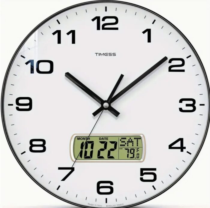 Black - 12 Inch Multi-Color Dial Silent Battery Operated Wall Clock - Large Modern Decorative Timepiece with Perpetual Calendar, Temperature Display, and LCD Screen - Image 1