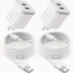 2-Pack Fast Charger Kit - Dual Port USB Wall Charger with 10FT Long Lightning Cable Cord, Double Adapter Plug Block for iPhone 14/13/12/11 Pro Max XS XR X 8 7 6