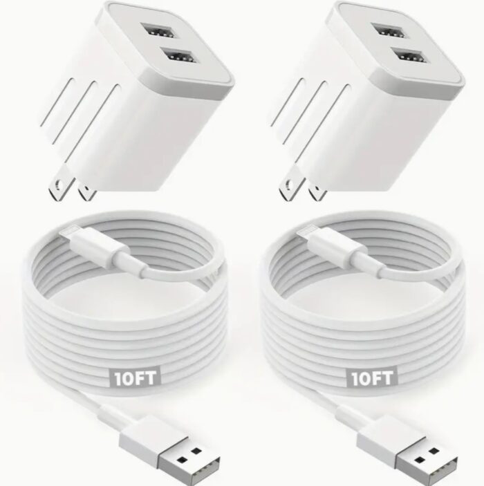 2-Pack Fast Charger Kit - Dual Port USB Wall Charger with 10FT Long Lightning Cable Cord, Double Adapter Plug Block for iPhone 14/13/12/11 Pro Max XS XR X 8 7 6 - Image 1