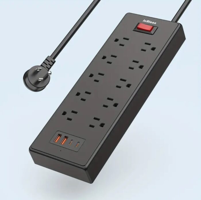 Black- Heavy Duty 10-Outlet Power Strip with 4 USB Ports and Black-USB-C - Surge Protector with 5ft Flat Plug Extension Cord, Wall Mount, Under Desk Design - Image 1