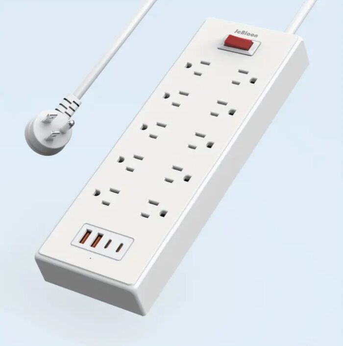 White - Heavy-Duty 10-Outlet Power Strip with 4 USB Ports and USB-C - Surge Protector with 5ft Flat Plug Extension Cord, Wall Mount - Image 1