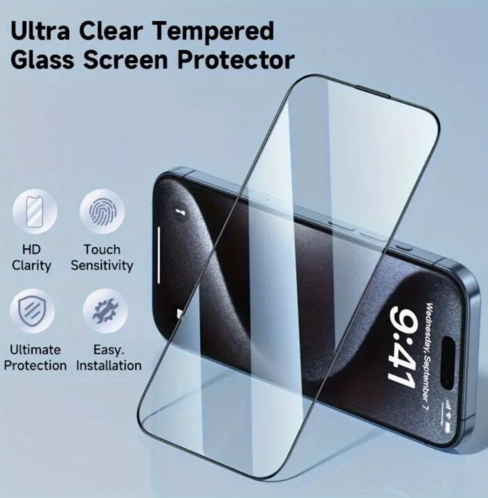 iPhone 15 Plus- 5pcs Tempered Glass Screen Protector - Protective Skins with Ultra-High Definition, 9H Hardness, Scratch and Shatter Resistant, Dustproof (Copy) - Image 2