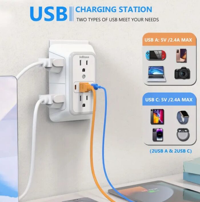 6-Outlet Extender Power Strip with 4 USB Charging Ports (2A2C) - Image 5