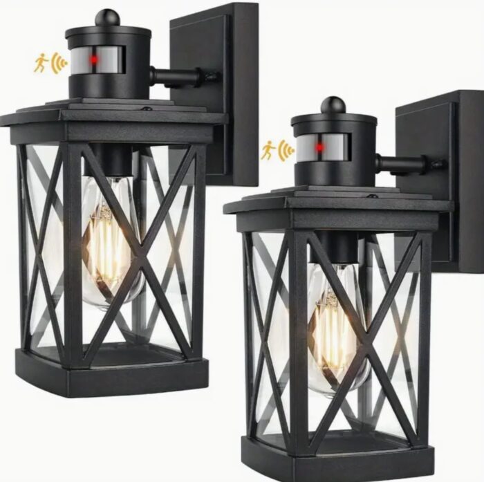 2-Pack Motion Sensor LED Wall Lantern Sconce Lights - Street & Area Lighting - Dusk to Dawn Exterior Light Fixtures with Auto-On/Off, Energy-Efficient, Waterproof, Black Finish - Image 1