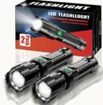 2 PCS Ultra-Bright LED Flashlights - Rechargeable, High Lumens, 3 Modes, Zoom, Portable, Water-Resistant, Long-Lasting, Built-in Lithium Battery