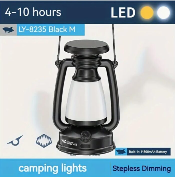Smiling Shark Rechargeable LED Camping Lantern - Polished ABS & Metal, Stepless Dimming, Freestanding Outdoor Tent Light with Button Control, USB Charging, Lithium-ion Battery, Dual Light Source - Image 1