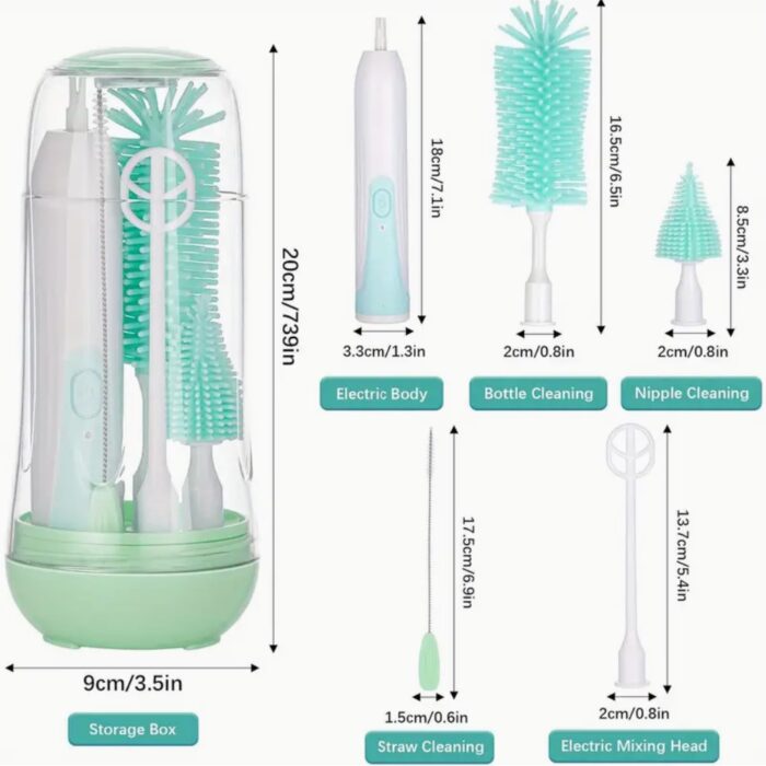 Electric Baby Bottle Brush Cleaner - Brushes for Travel, Waterproof Silicone Washer Set with Bottle, Nipple, Straw Brush, Milk Frother, and Drainage Rack for Easy Cleaning - Image 2