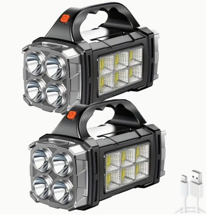 2pcs Two Side Solar Handheld Flashlight with COB Sidelight, High Bright Spotlight with USB Cable, Rechargeable Portable LED Searchlight for Outdoor Hunting Boating Camping Emergencies - Image 1