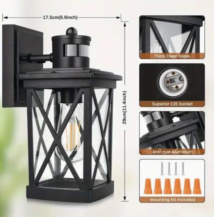 2-Pack Motion Sensor LED Wall Lantern Sconce Lights - Street & Area Lighting - Dusk to Dawn Exterior Light Fixtures with Auto-On/Off, Energy-Efficient, Waterproof, Black Finish - Image 2