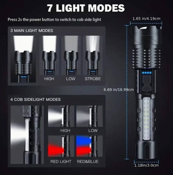 2 pcs Super Powerful 90000 Lumens Rechargeable Torch Flood Light With Side Light For Outdoor Camping, Fishing, Hunting, Climbing, Adventure Emergency - Image 3