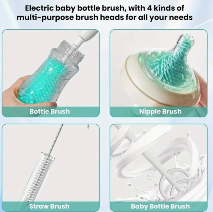 Electric Baby Bottle Brush Cleaner - Brushes for Travel, Waterproof Silicone Washer Set with Bottle, Nipple, Straw Brush, Milk Frother, and Drainage Rack for Easy Cleaning - Image 3