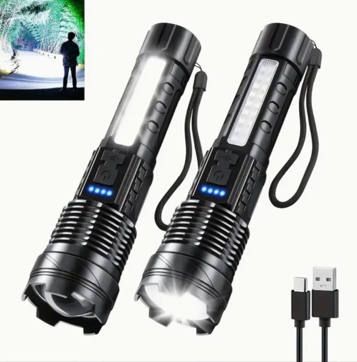 2 pcs Super Powerful 90000 Lumens Rechargeable Torch Flood Light With Side Light For Outdoor Camping, Fishing, Hunting, Climbing, Adventure Emergency - Image 1