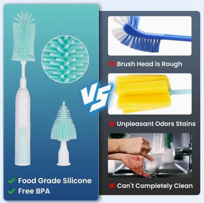 Electric Baby Bottle Brush Cleaner - Brushes for Travel, Waterproof Silicone Washer Set with Bottle, Nipple, Straw Brush, Milk Frother, and Drainage Rack for Easy Cleaning - Image 4