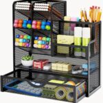 Black - Enhanced Metal Desk Organizer with Drawer - Versatile Pencil and Pen Holder with Clip-On Closure - Perfect for Office and Art Supplies Organization