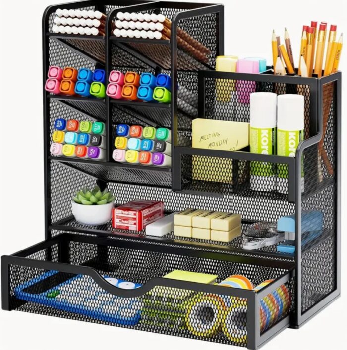 Black - Enhanced Metal Desk Organizer with Drawer - Versatile Pencil and Pen Holder with Clip-On Closure - Perfect for Office and Art Supplies Organization - Image 1