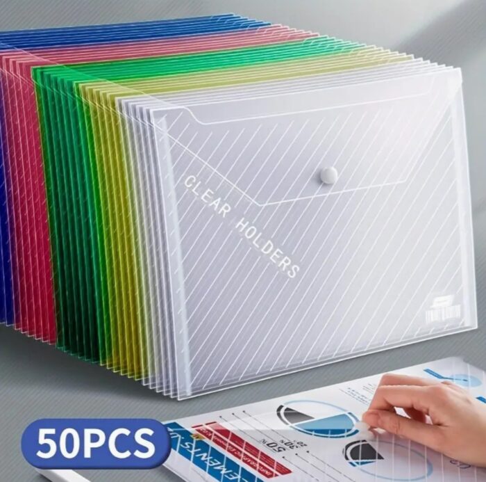 50-Pack A4 Size Transparent PP File Folders with Snap Closure - Water-Resistant Document Bags - Image 1