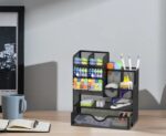Black - Enhanced Metal Desk Organizer with Drawer - Versatile Pencil and Pen Holder with Clip-On Closure - Perfect for Office and Art Supplies Organization - Image 3