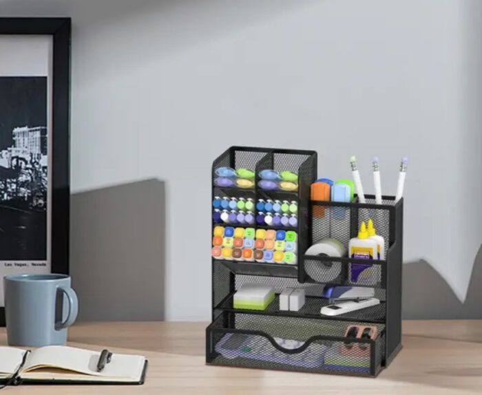 Black - Enhanced Metal Desk Organizer with Drawer - Versatile Pencil and Pen Holder with Clip-On Closure - Perfect for Office and Art Supplies Organization - Image 3