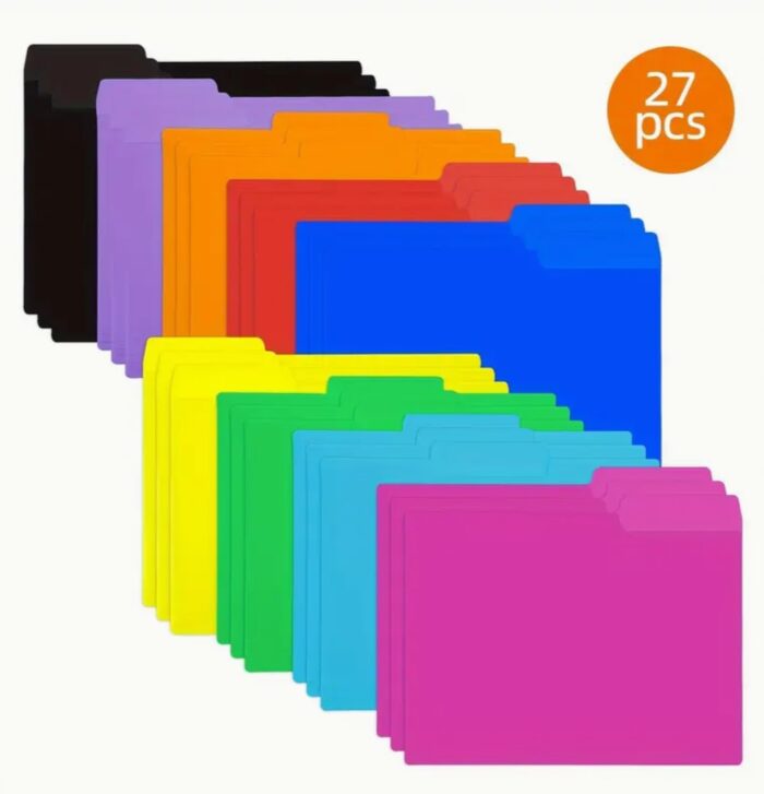 27 Pack Heavy-Duty Colored Manila Folders - 9 Vibrant Colors, Letter Size, Poly Filing, 1/3 Cut Tab - Image 1